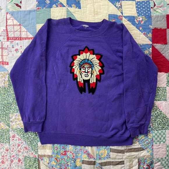 Vintage 70s Native American Indian Headdress Crewneck Sweater Purple Large